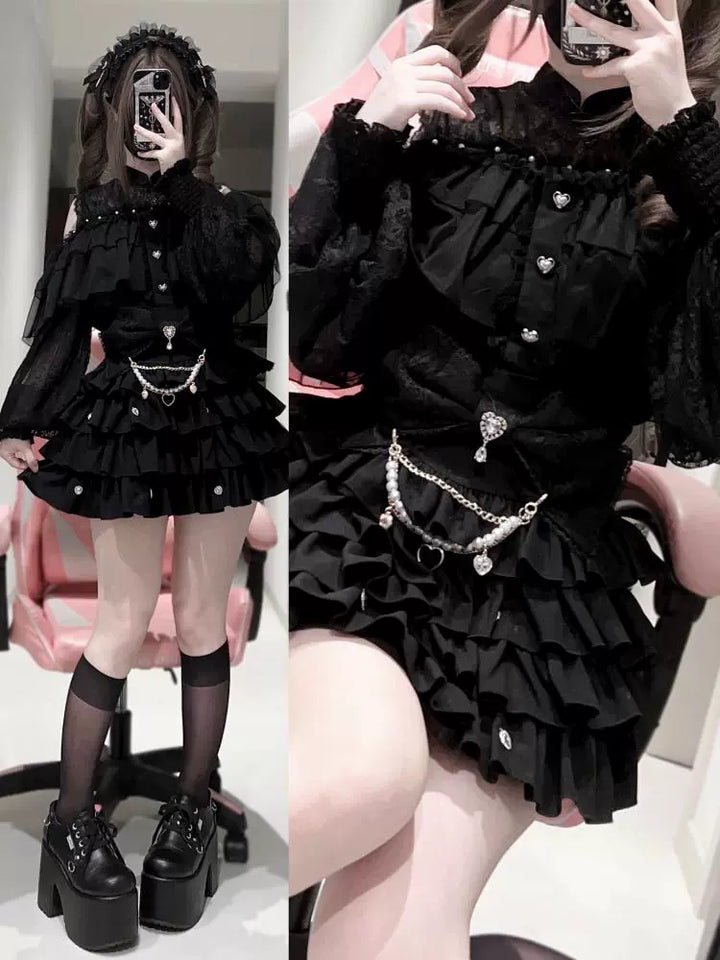 Black Jirai Kei Skirt, Removable Accessories in Two Styles 43240:772213
