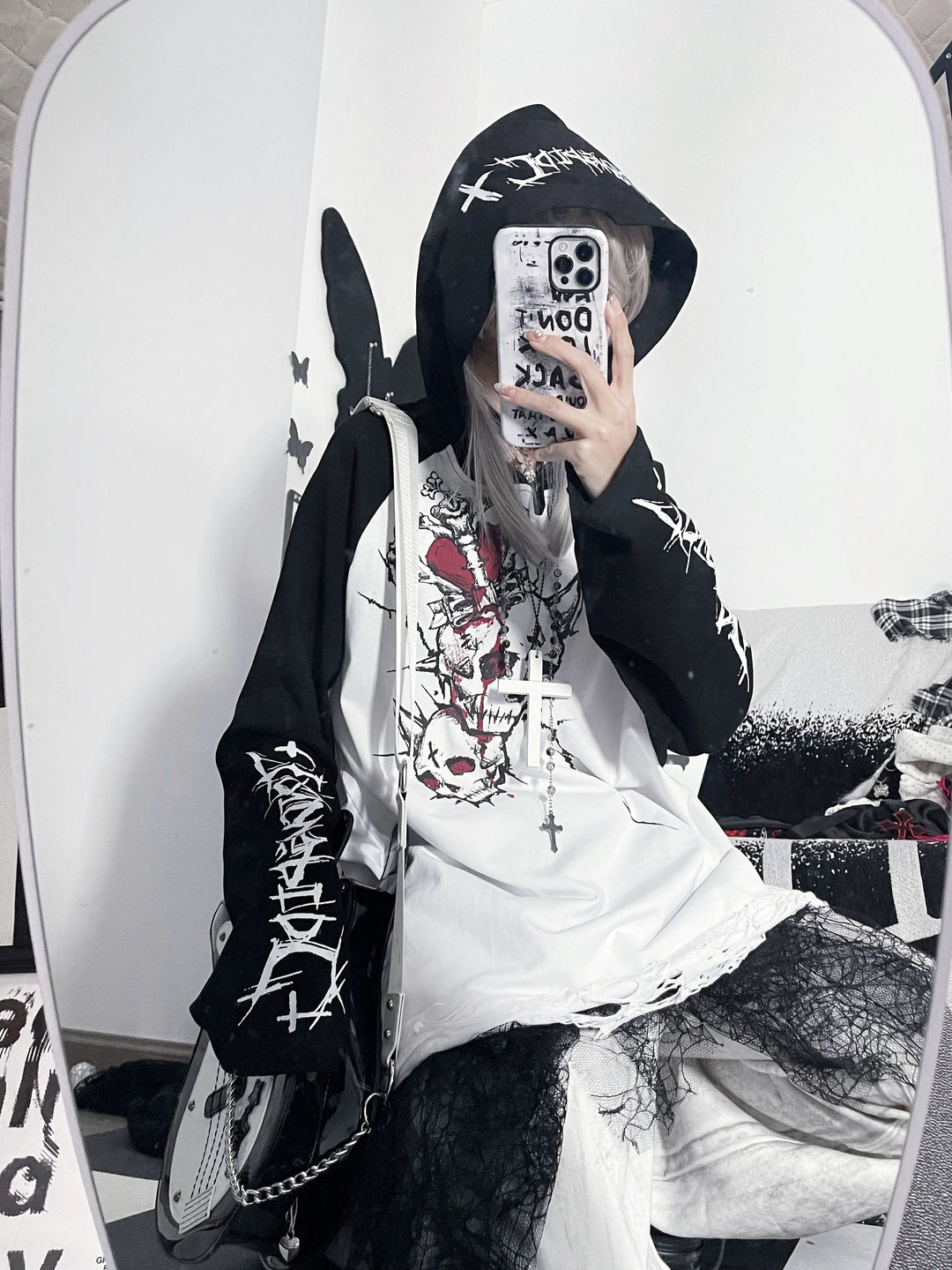 Gothic Cotton Hooded Shirt, Skull Printed 43876:788951