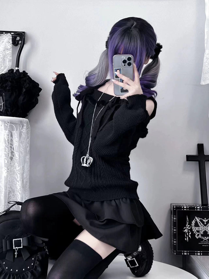 Jirai Kei Sweater Off-Shoulder Knot Bow Sweater 39722:634230