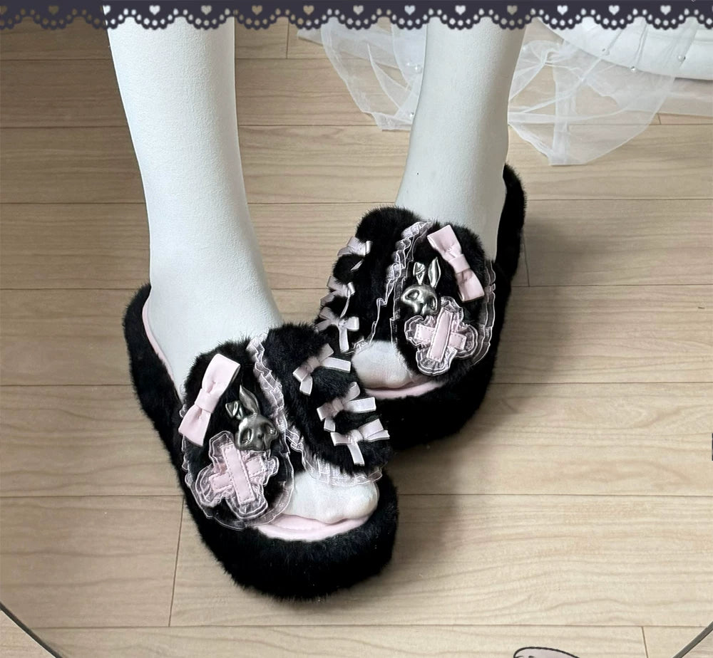 Jirai Kei Platform Wedge Slippers, Bunny Ears & Cross 46071:875429