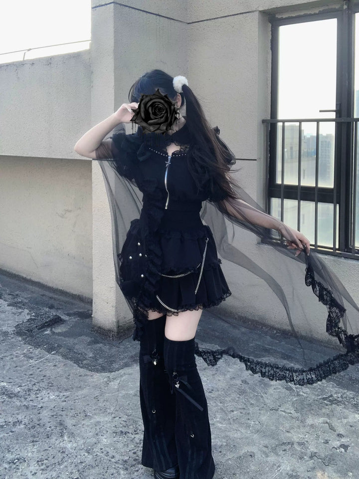 Jirai Kei Skirt & Zip-up Top, Tulle Vest 45009:838763