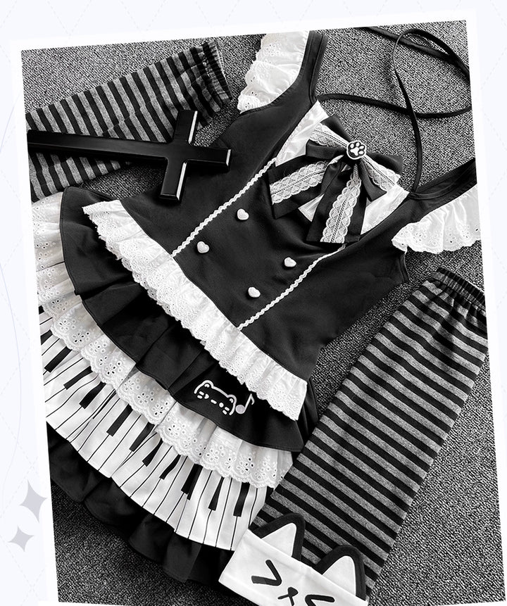 Halter Neck Kawaii Skirt Set, Cat and Piano Print (L M S) 43577:780205
