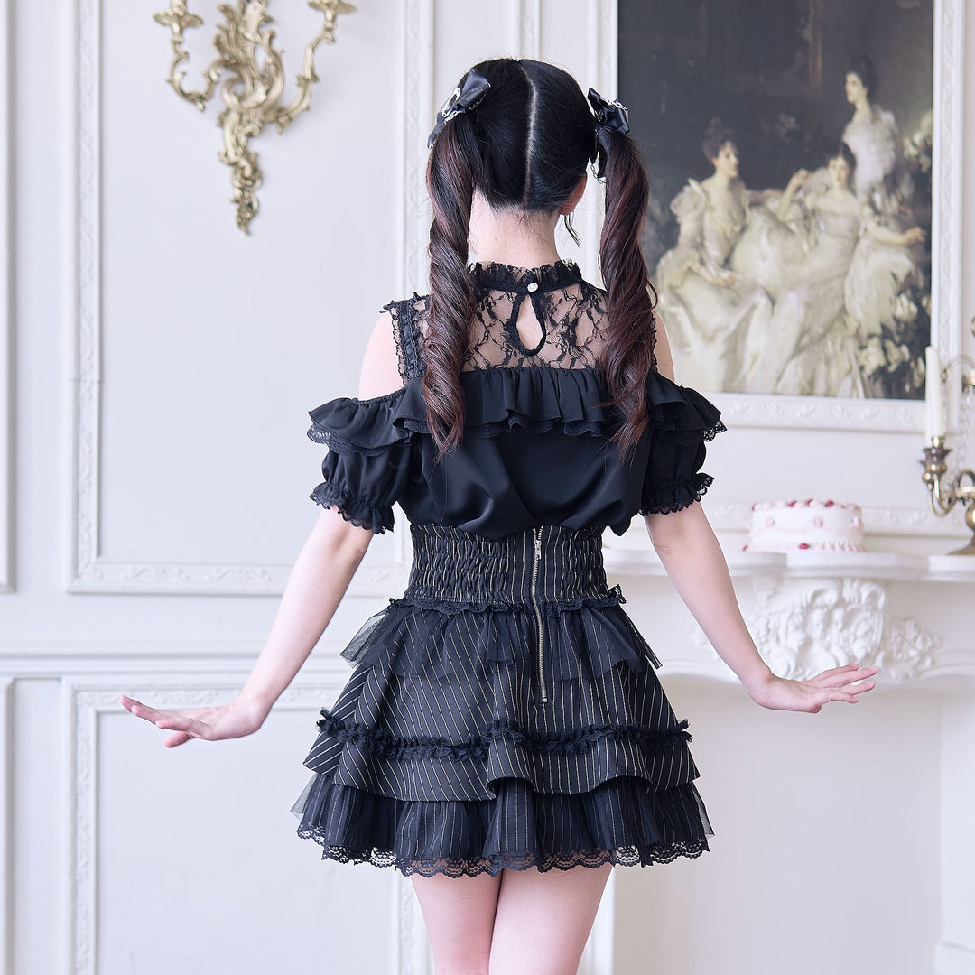 Jirai Kei Blouse with Hallow-out Upper & Rhinestone Bow Tie 42893:757708
