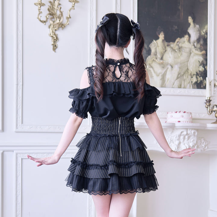 Jirai Kei Blouse with Hallow-out Upper & Rhinestone Bow Tie 42893:757708