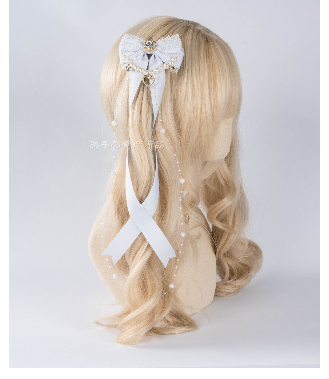 Jirai Kei Bow Hair Clip, Heart Rhinestone, Pearl Chain, Lace Trim 43501:778545