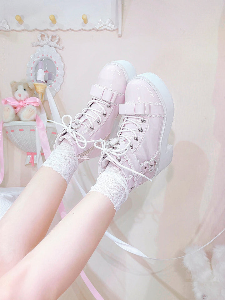 Jirai Kei Shoes Ankle Boots with Heart-shaped Pearl Buckle Detail 42651:748997