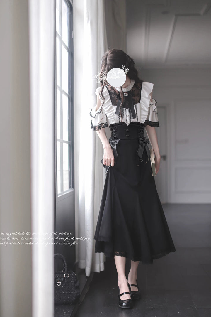 Ankle-length Jirai Kei Mermaid Skirt, Lace Detailed Blouse 43112:873045