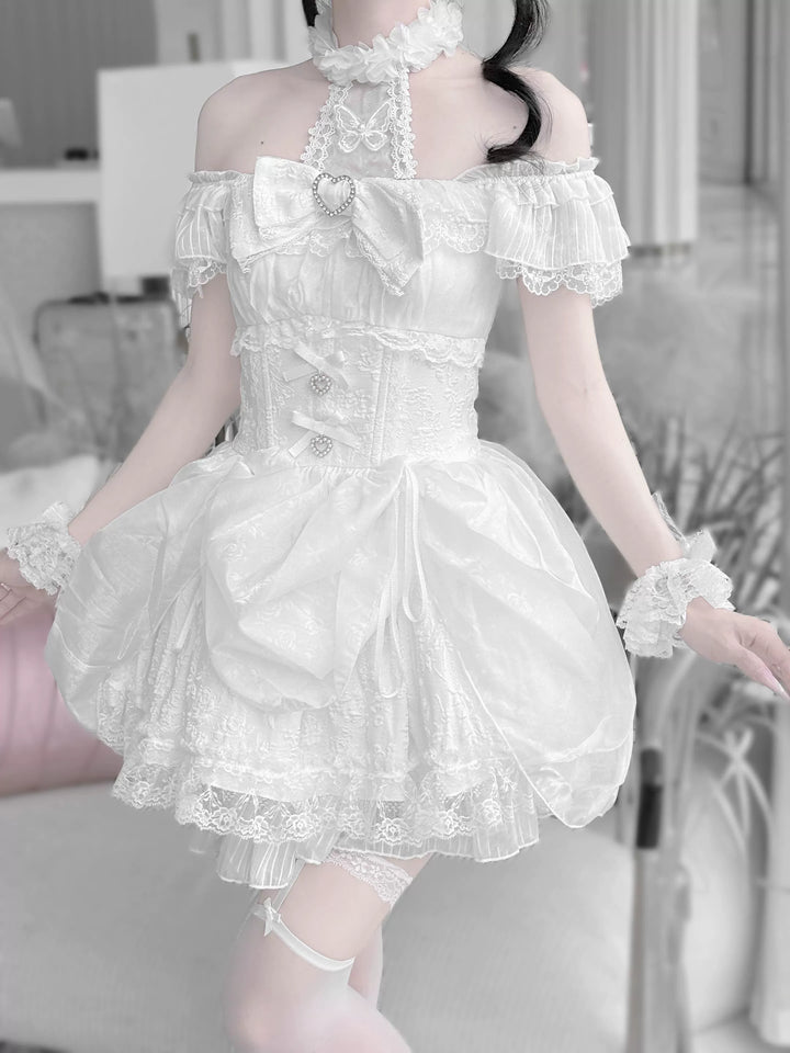Black / White Jirai Kei Dress, Floral Lace & Halter Neck 43105:771118