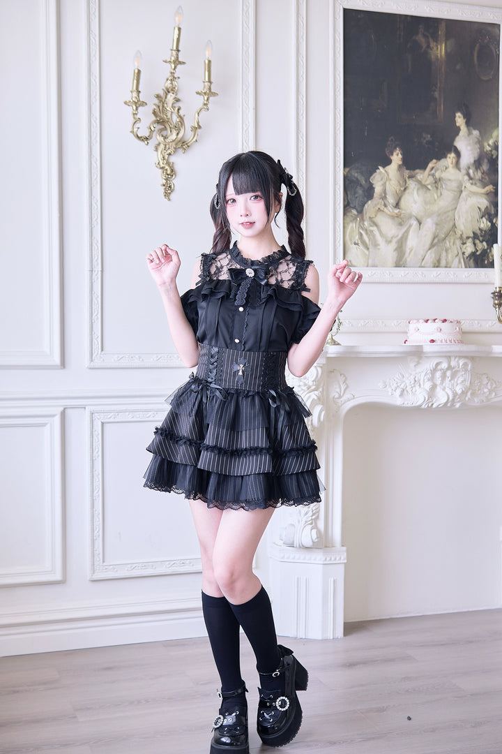 Jirai Kei Blouse with Hallow-out Upper & Rhinestone Bow Tie 42893:757706