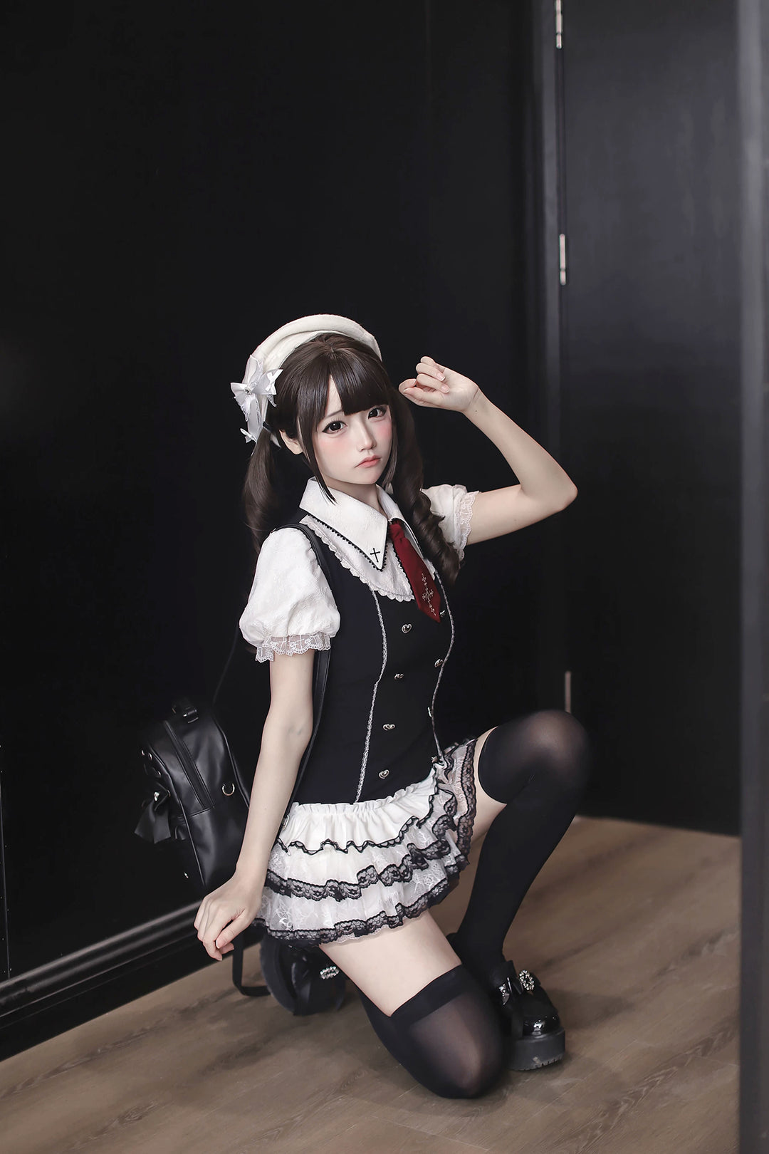 Preppy Style Low-Waist Dress Set, Cross Embroidery 44746:823821
