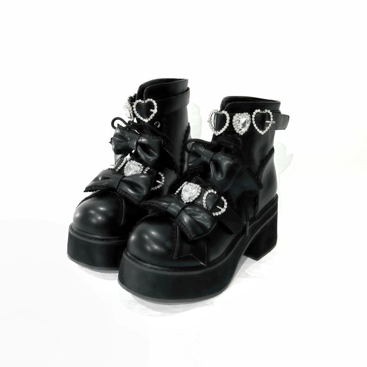 Jirai Kei Heeled Ankle Boots, Heart Rhinestone & Bows (35 36 37 38 39 40 41) 45865:873159
