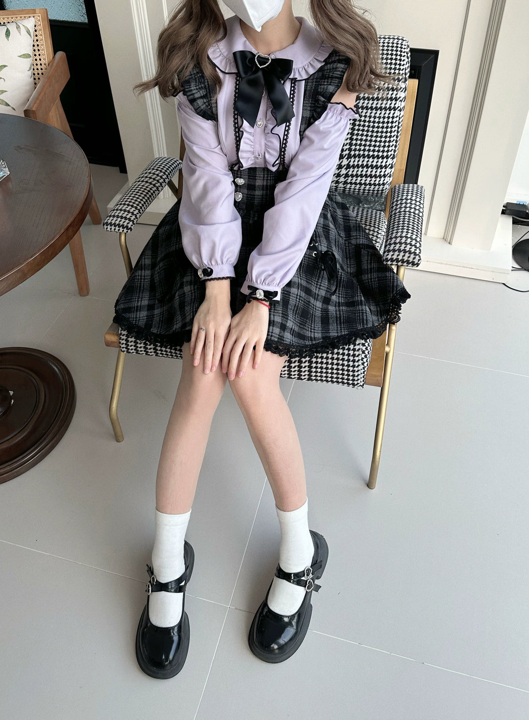Jirai Kei Set Purple Open-Shoulder Blouse Plaid Suspender Skirt Set 33830:440700