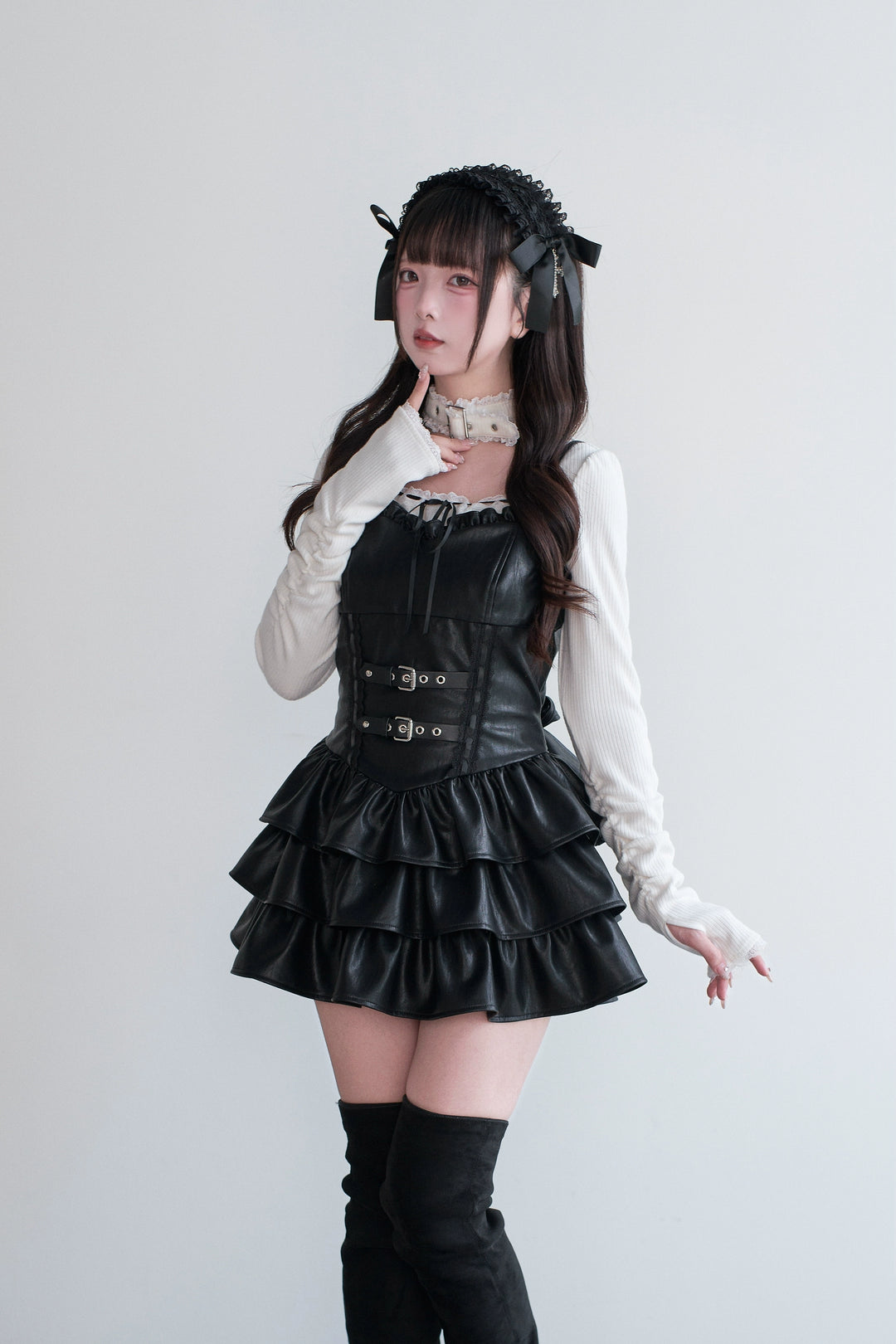 Jirai Kei Strappy Mini Dress, Tiered Ruffles 44328:805455