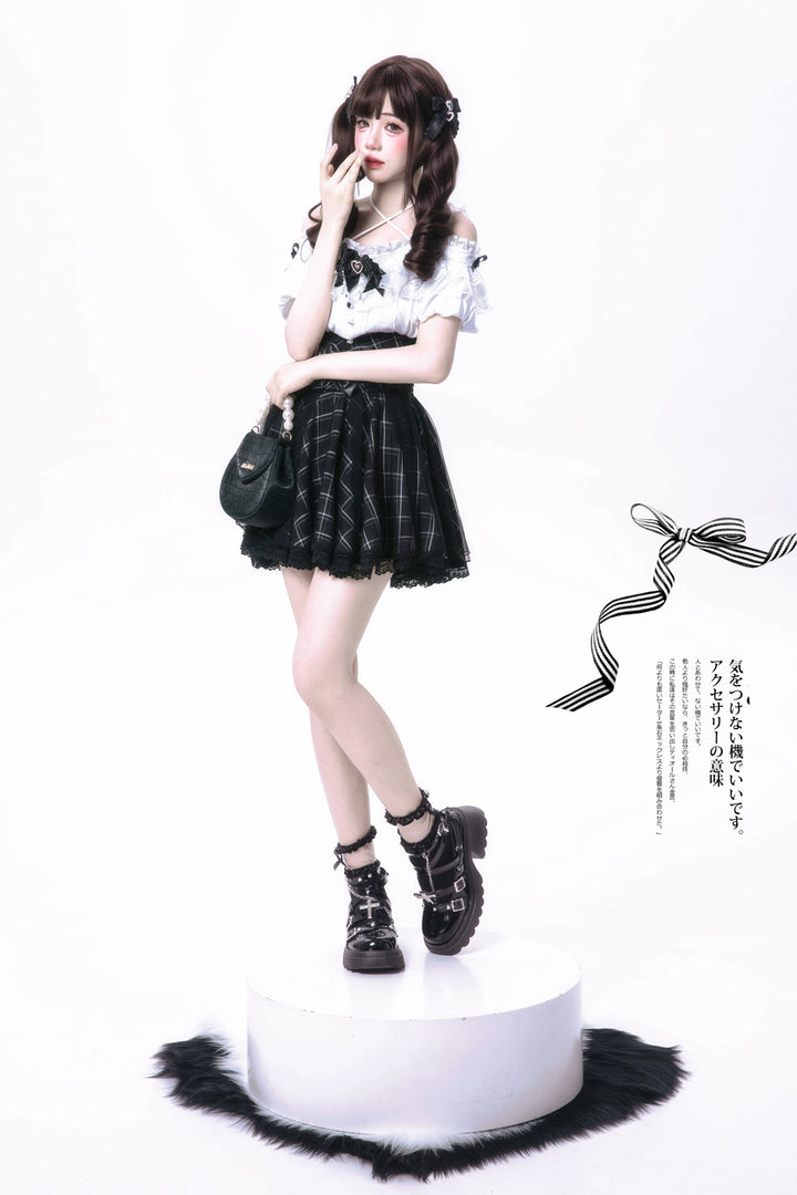 Jirai Kei Halter Neck Off-Shoulder Shirt and Lace Trim Skirt 42706:752701
