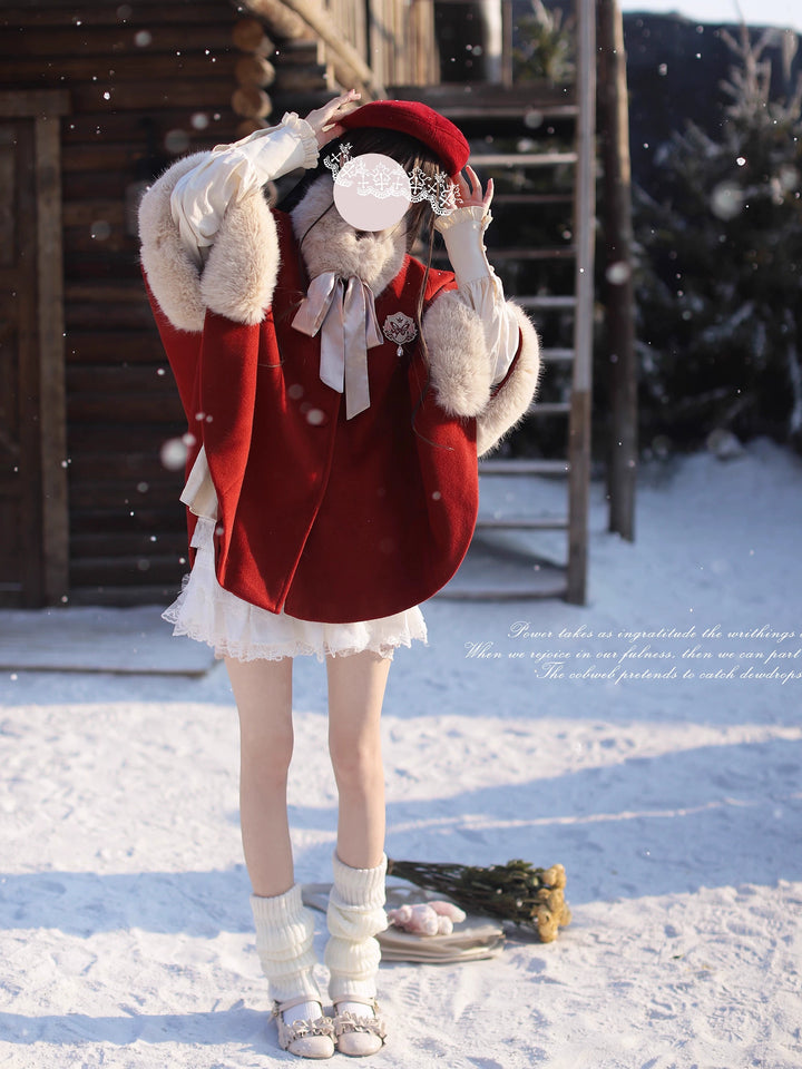 Christmas Woolen Blend Red Cloak, Beige Blouse 44037:793463