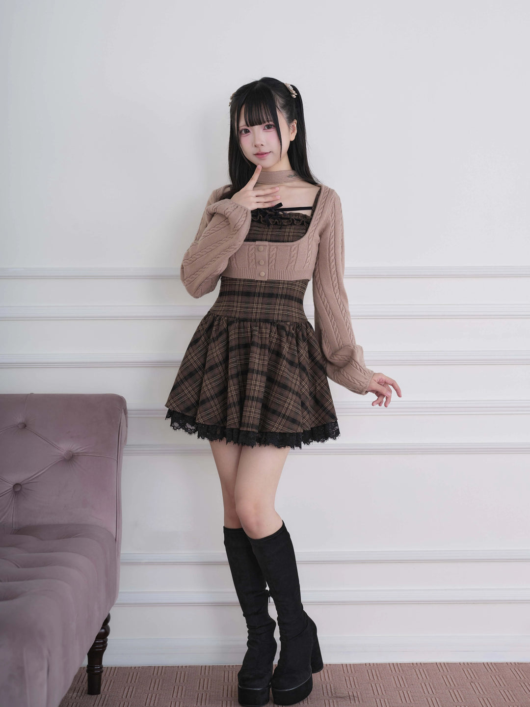 Ryousangata Plaid Dress & Knit Sweater Set, Choker-Neck 46032:873325