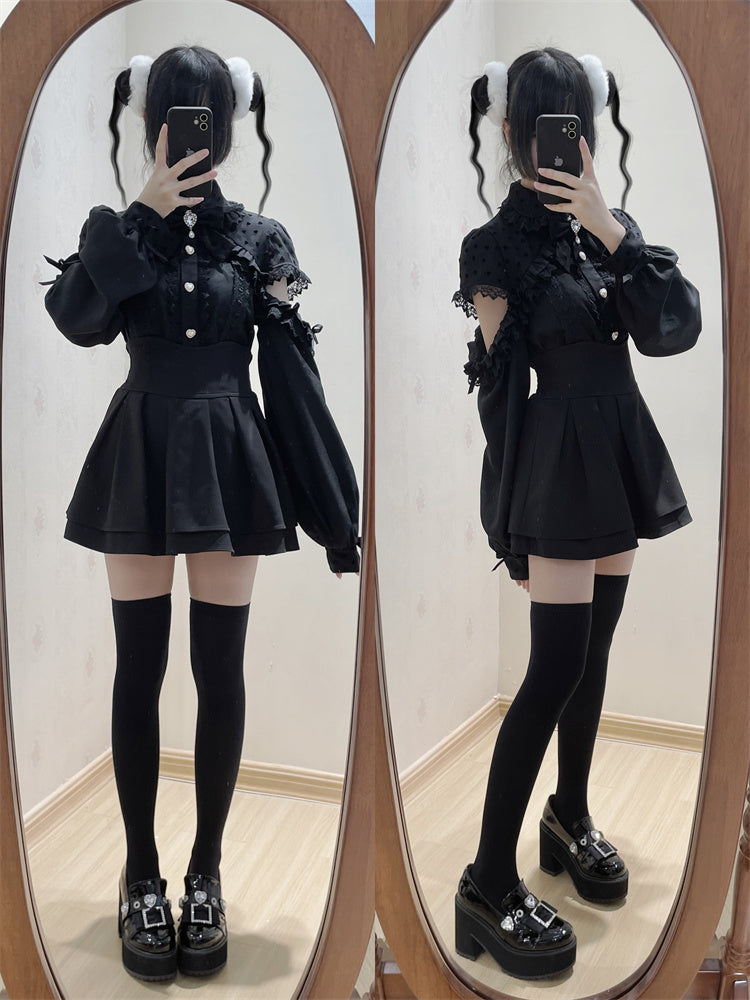 Jirai Kei Blouse, Lace Open Shoulder, Dolka Dots 34044:486436