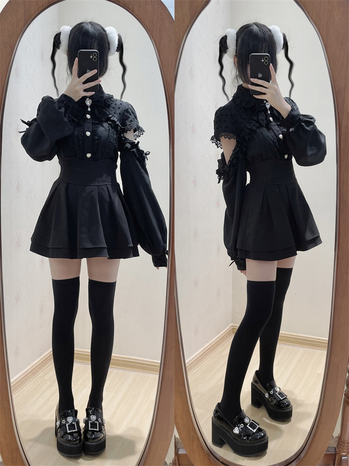 Jirai Kei Blouse, Lace Open Shoulder, Dolka Dots 34044:486436
