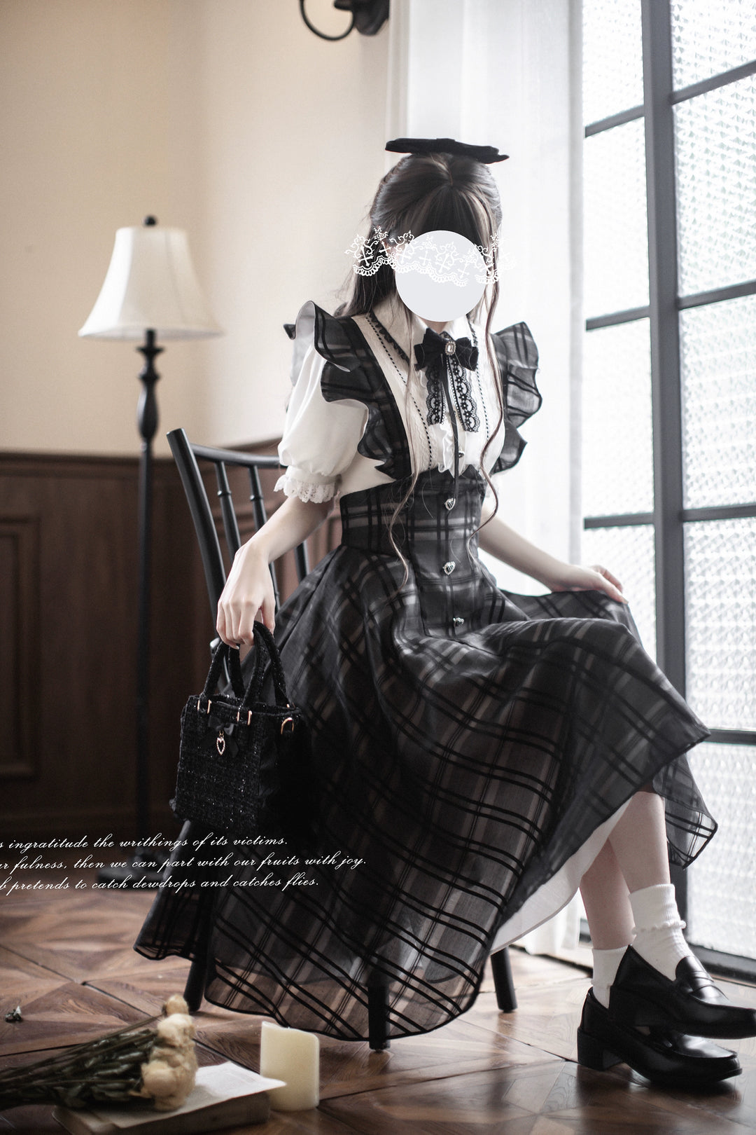 Black Plaid Jirai Kei Suspender Skirt, White Blouse 42918:760660