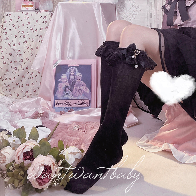 Jirai Kei Socks Black White Pink Blue Bow Lace Socks 21754:320572