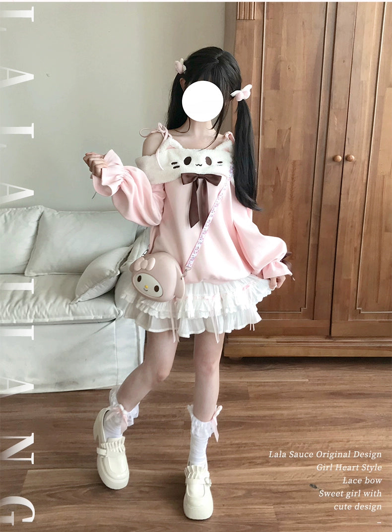 Off-Shoulder Kawaii Sweatshirt & Tiered Ruffle Skirt 43776:785336