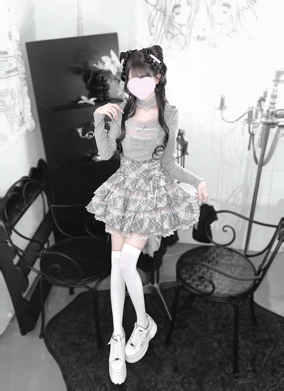 Seiso Kei Grey Pink Knit Sweater & High Waist Skirt Set 45990:873007