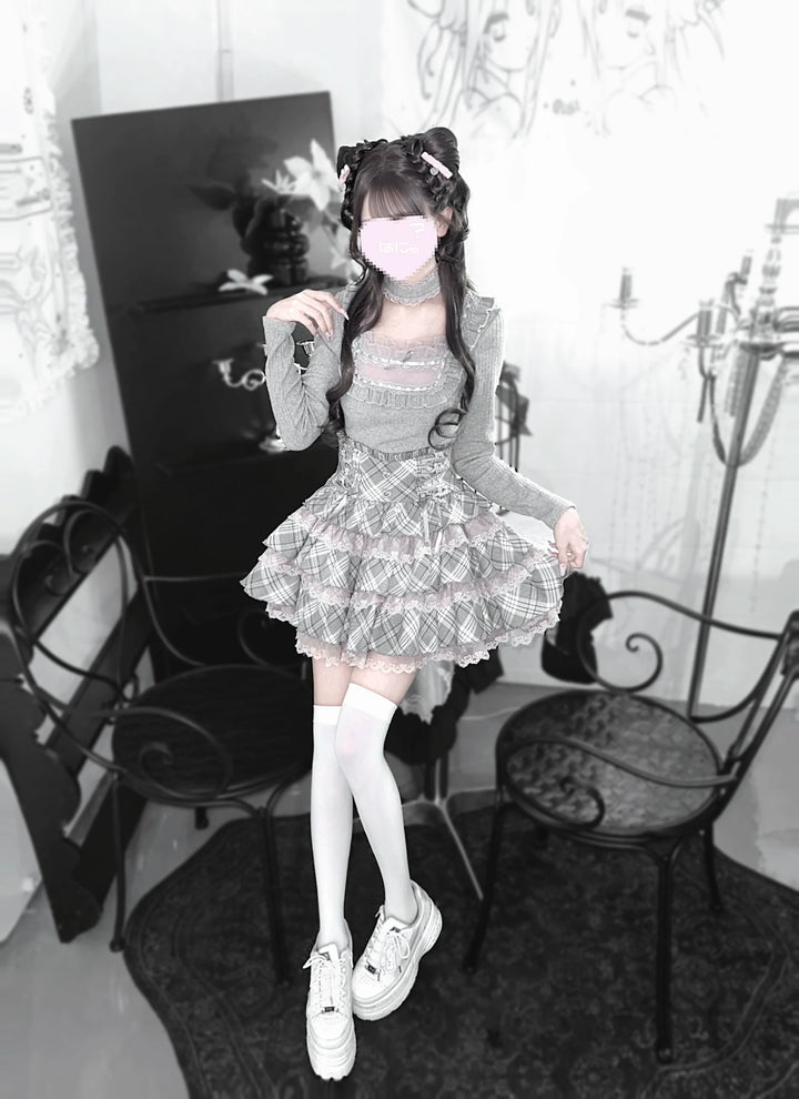 Seiso Kei Grey Pink Knit Sweater & High Waist Skirt Set 45990:873007