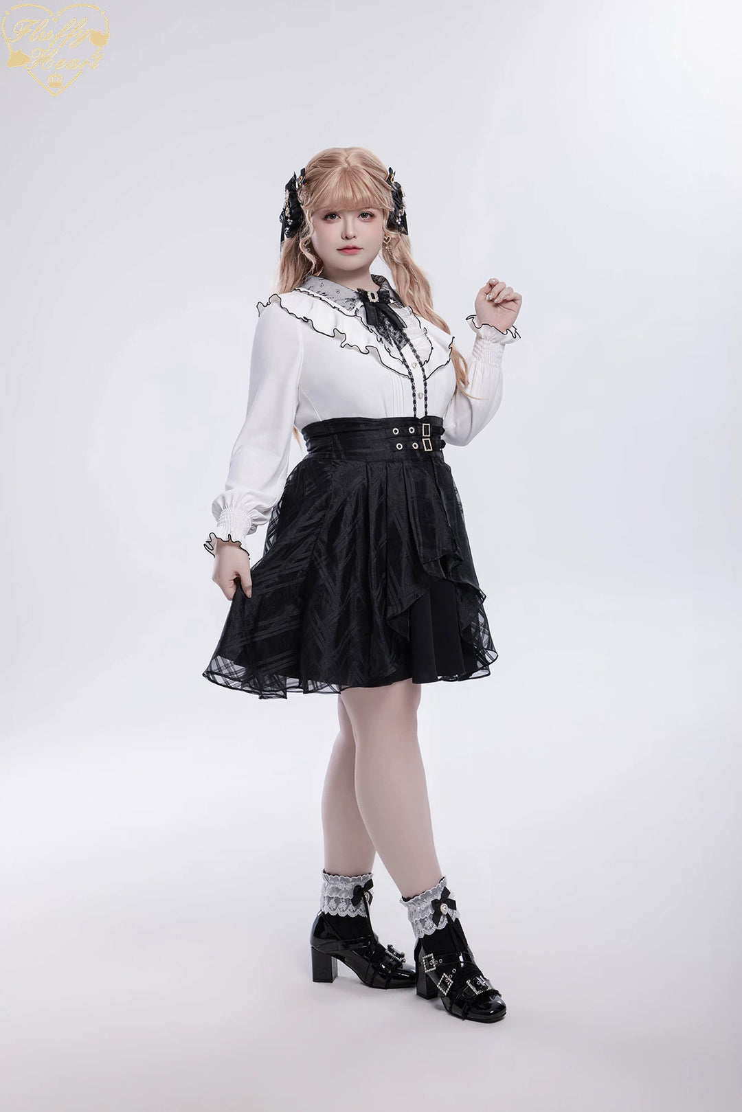 Jirai Kei Long-Sleeved Shirt, Ruffled Collar 45128:835592