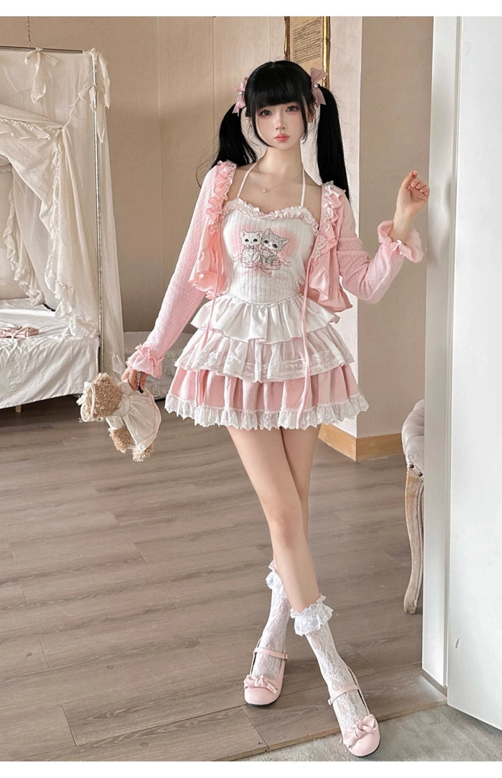 Ryousangata Skirt Set Pink Cardigan White Straps Top 37008:548362 37008:548362