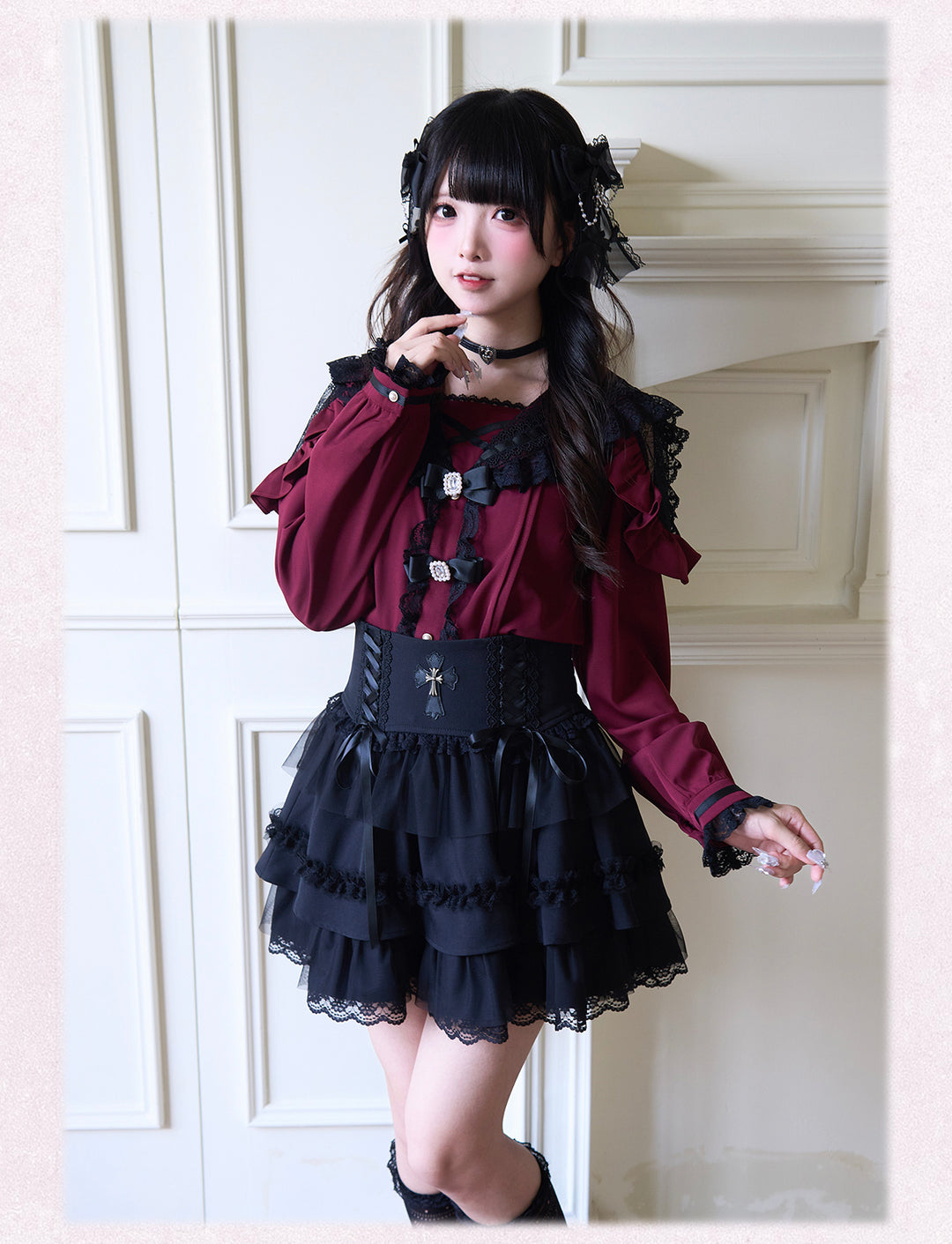 Sailor Collar Jirai Kei Blouse with Tulle Shoulder and Lace Frill 42523:744433