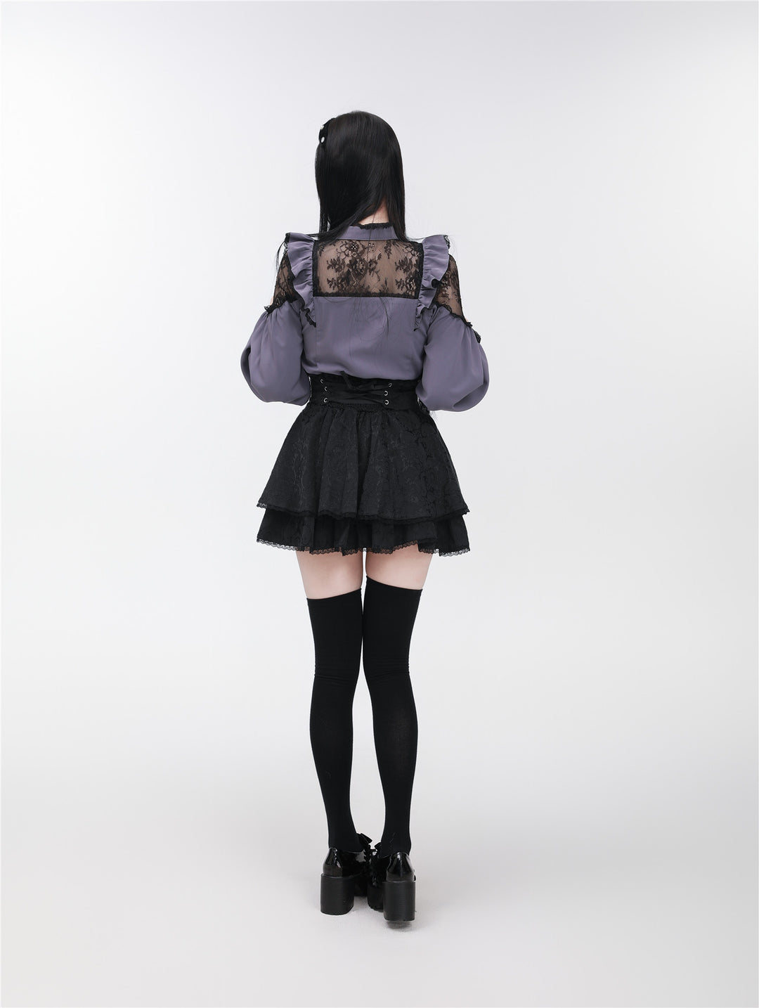Jirai Kei Stand Collar Shirt with Lace Shoulder And Ribbon 42748:751801
