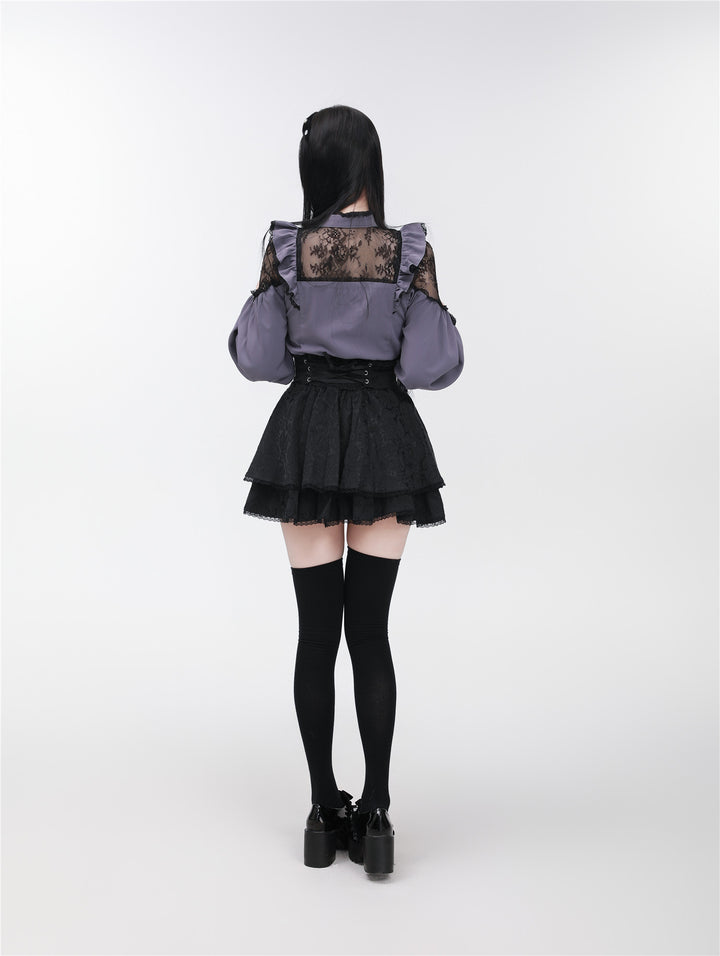 Jirai Kei Stand Collar Shirt with Lace Shoulder And Ribbon 42748:751801