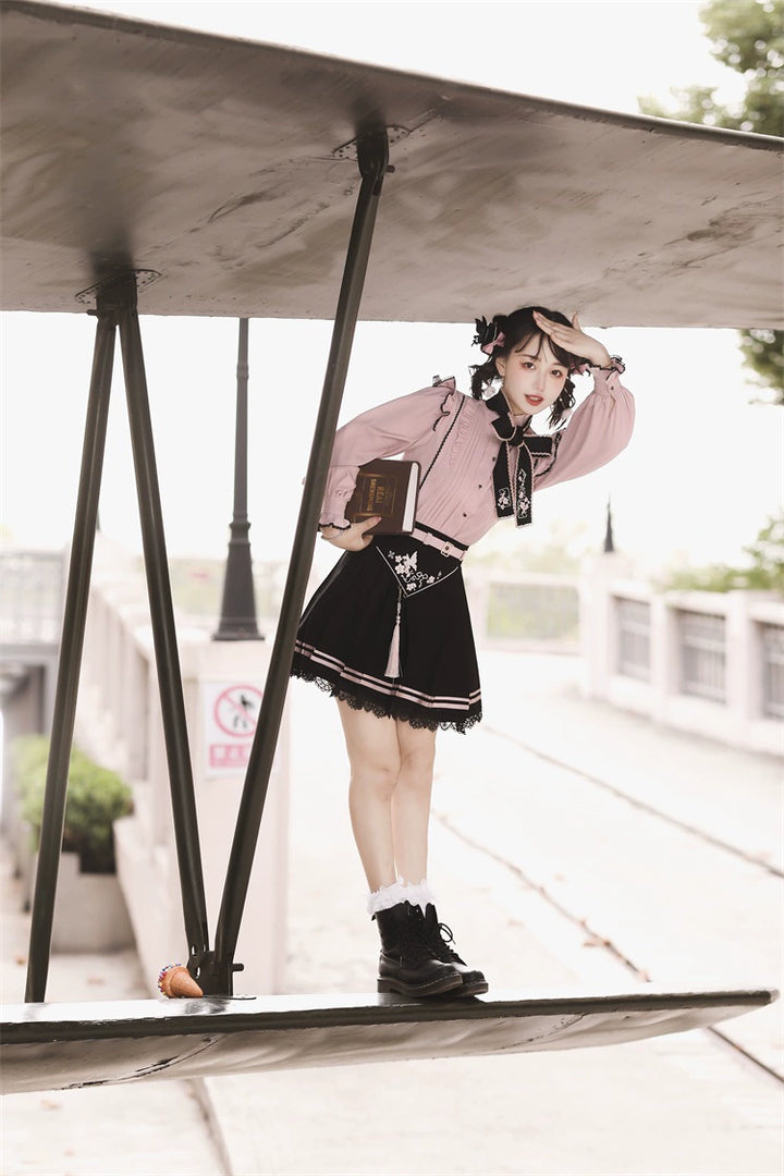 Pink Jirai Kei Blouse Black Skirt Chinese Hanfu Two-piece Set 22036:362412