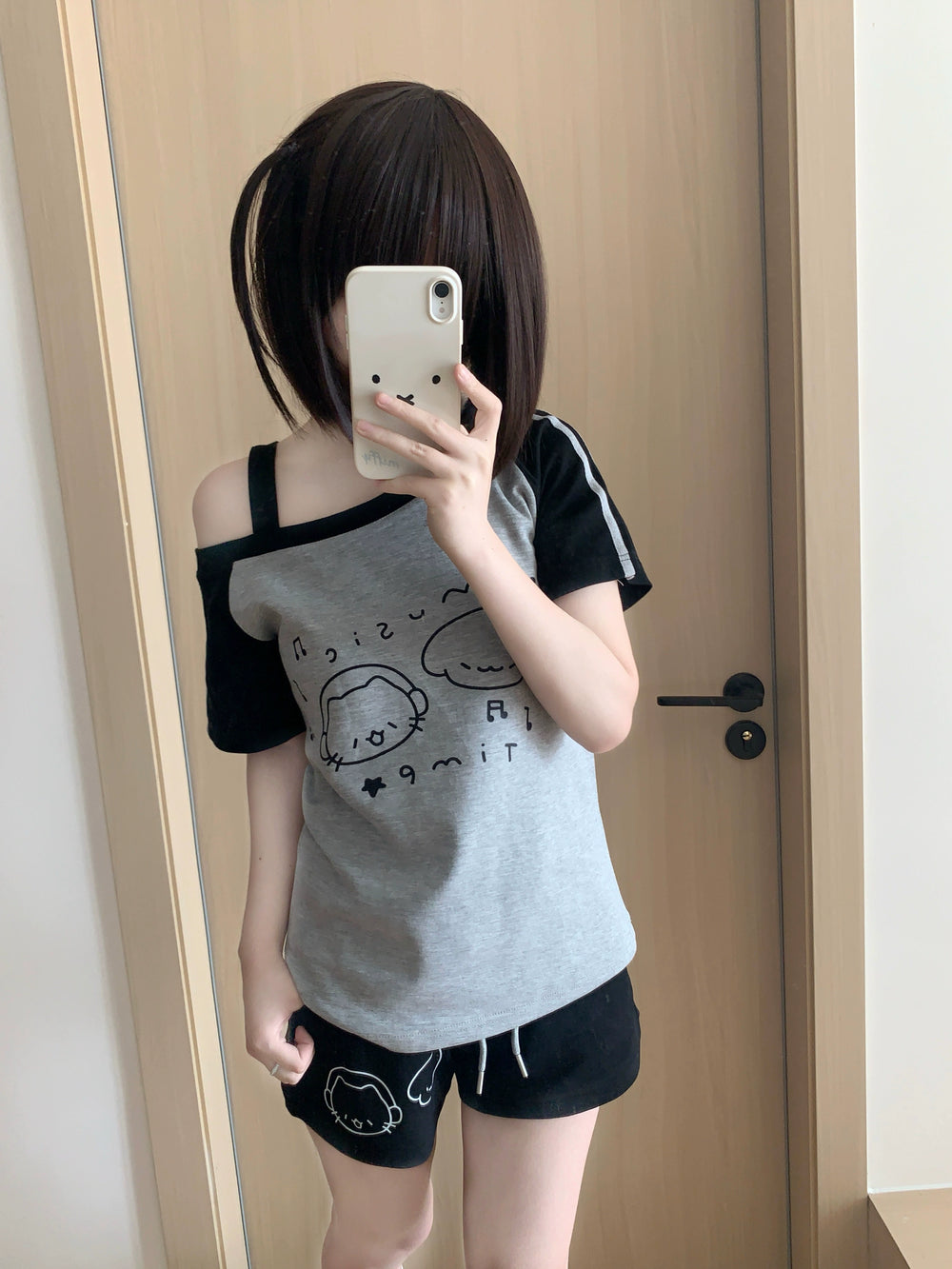 Kawaii Summer Music Time Printed T-shirt, Shorts With Pockets (L M S) 42904:757285