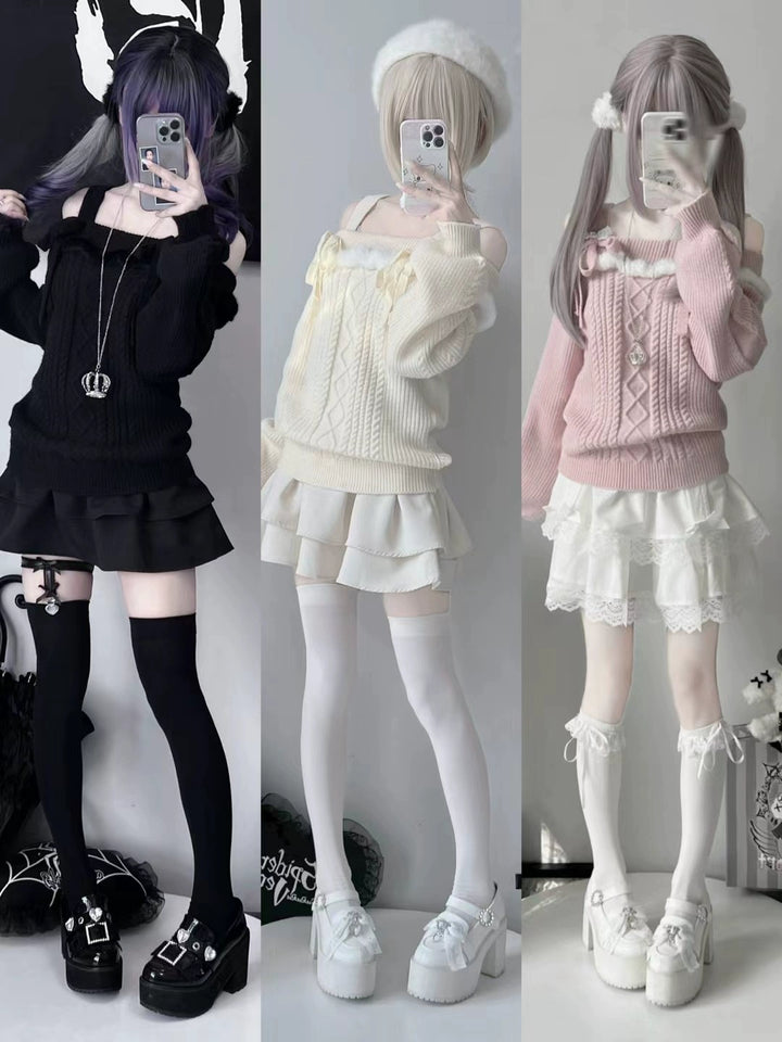 Jirai Kei Sweater Off-Shoulder Knot Bow Sweater 39722:634216