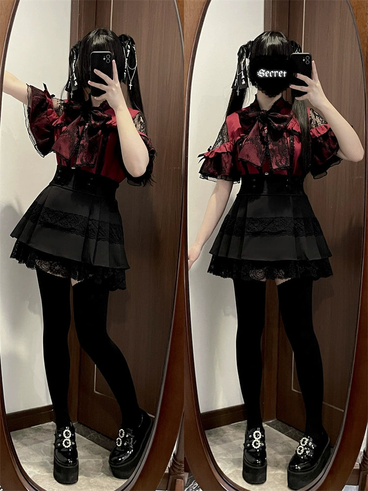 Jirai Kei Blouse Lace Open Shoulder Shirt Short Sleeve 37852:573316