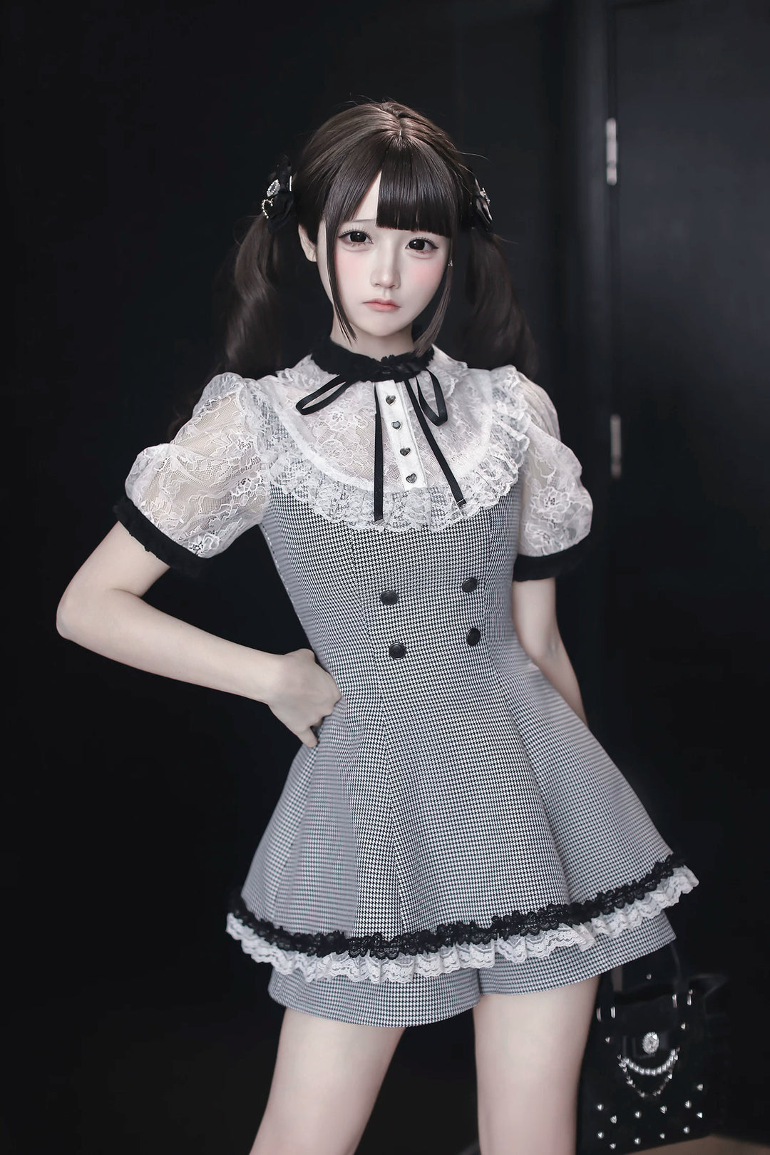 Jirai Kei Houndstooth Pattern Dress, Lace & Detachable Sleeves 44922:828295