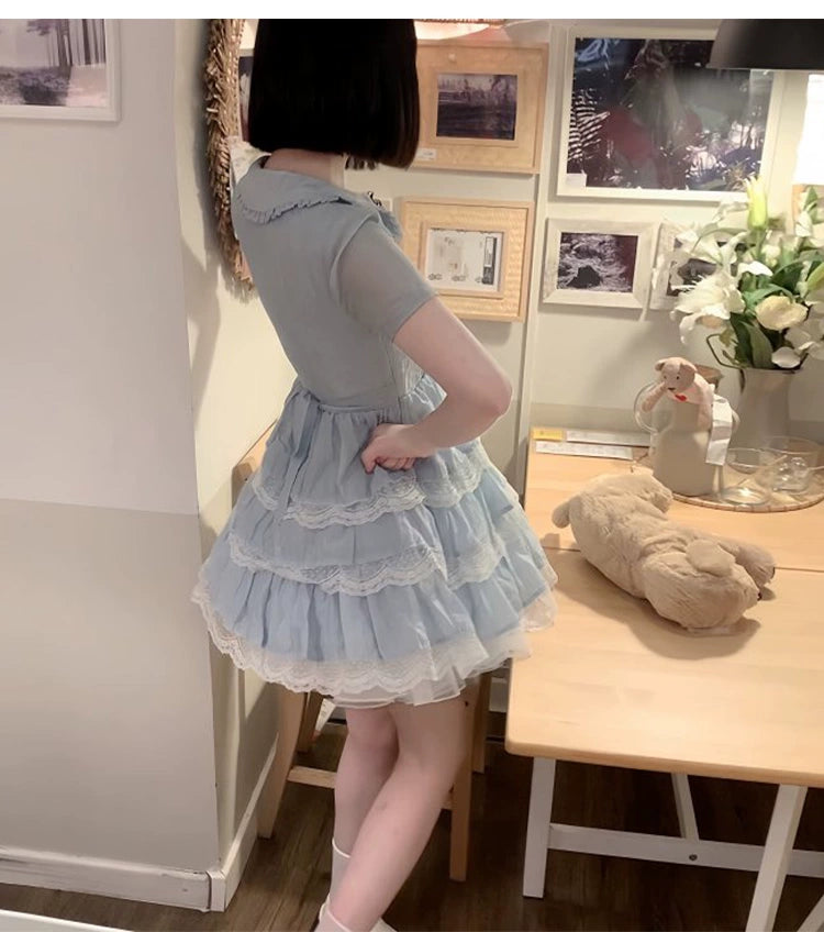 Sweet Style Lace Trim Dress, Tiered Ruffles 43546:779194