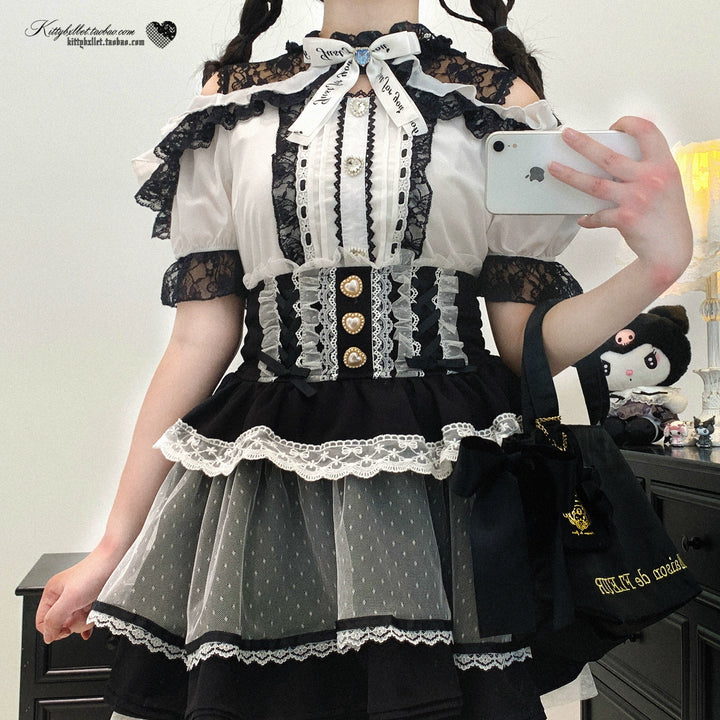 Lace Open Shoulder Jirai Kei Blouse, Heart Rhinestone 43692:783152