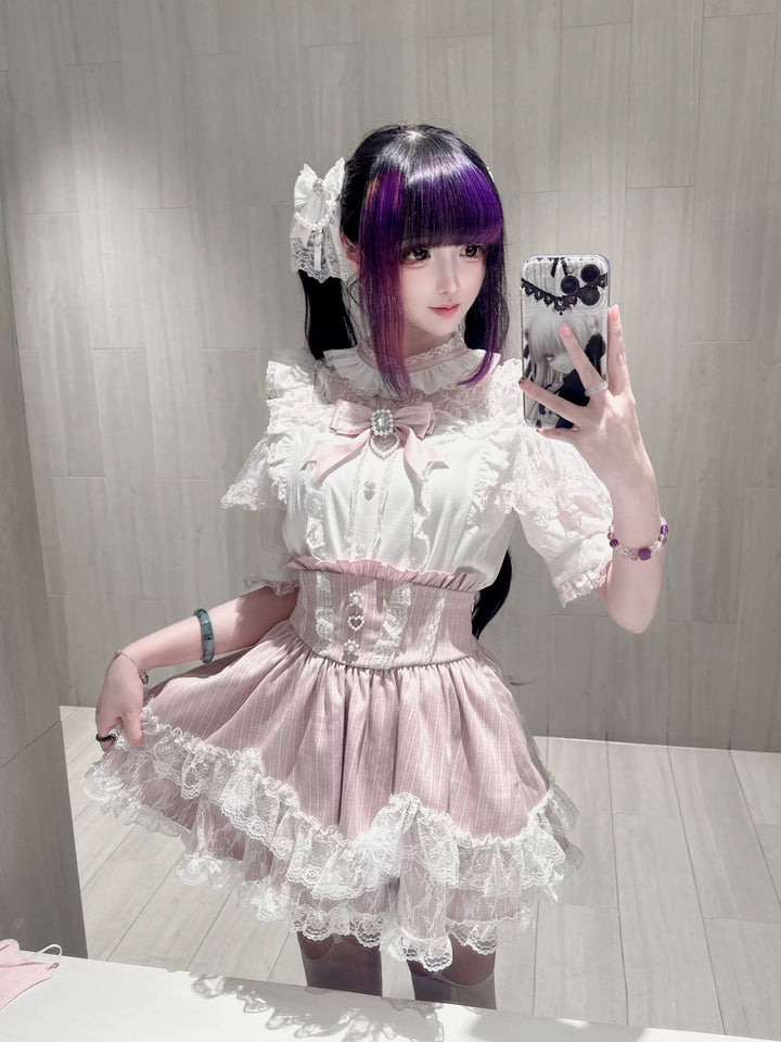 Jirai Kei Petal Shaped Hem Skirt, Layered Lace Hem 45646:857716