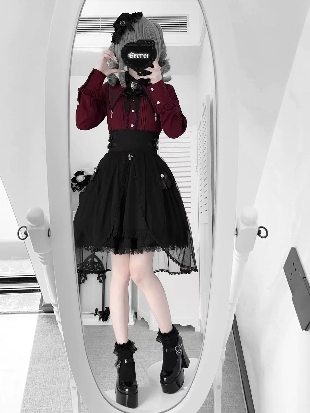 Jirai Kei Pointed Collar Blouse, Black High-Waist Skirt (2XL L M S XL) 44216:804929