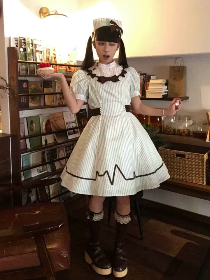 Old School Lolita Striped Dress, Cross Apron 45136:836799