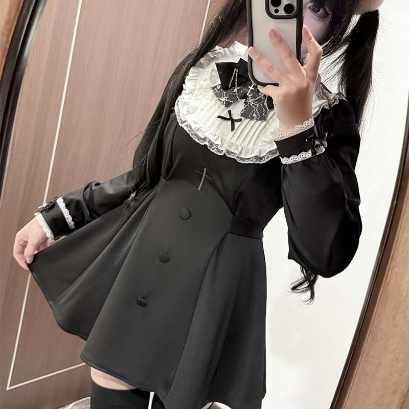 Plus Size Jirai Kei Long Sleeve Dress Set With Lace Wrist Bow Multicolor 41688:710568