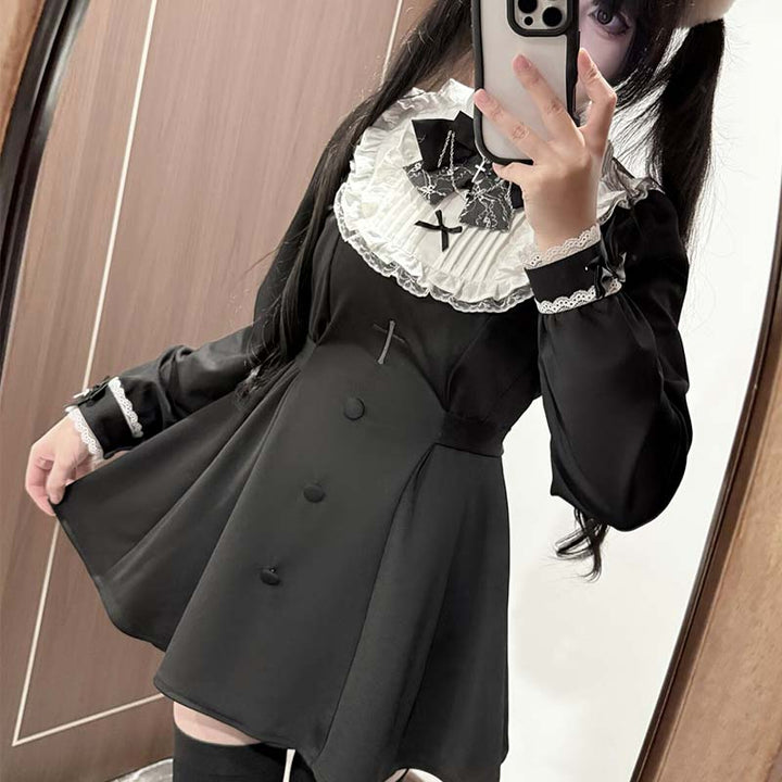 Plus Size Jirai Kei Long Sleeve Dress Set With Lace Wrist Bow Multicolor 41688:710568