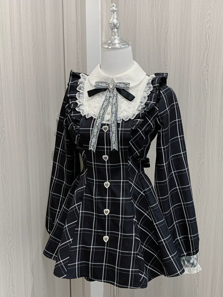 Jirai Kei Dress Set Long-sleeved Plaid Dress And Shorts (L M XL) 39444:620606