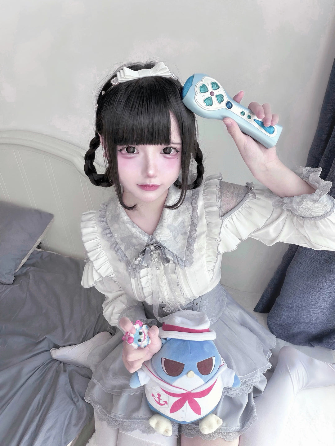 Ryousangata Long-Sleeved Blouse & Skirt Set, Lace & Rhinestone 46073:874695