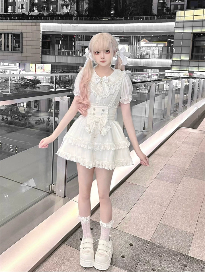 White Ryousangata Suspender Skirt, Peter Pan Collar Blouse 43475:777748