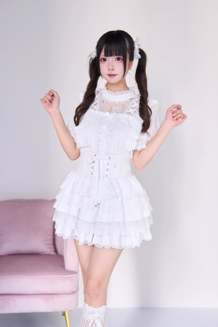 Jirai Kei Pearl Necklace Blouse, Lace-up Cake Skirt Set 43019:765674