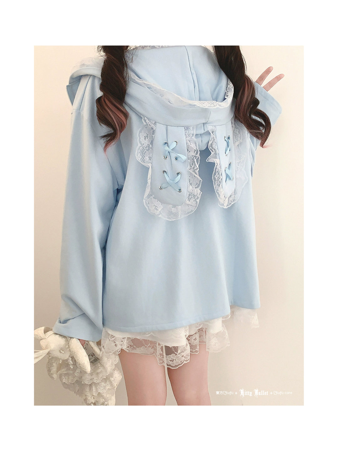 Kawaii Zipper Closure Jacket, Lace Bunny Ear 44002:792511