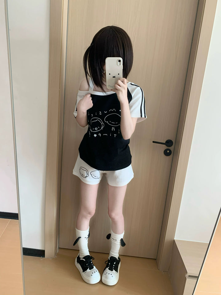 Kawaii Summer Music Time Printed T-shirt, Shorts With Pockets 42904:757286
